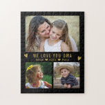 We Love You OMA 3 Photo Collage Black Jigsaw Puzzle<br><div class="desc">Personalize this fun photo puzzle with 3 favourite grandkids photos for grandma to solve. Add a loving message and names for the personal touch.</div>