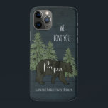 We Love You Papa Bear Forest Grandchildren Blue iPhone 11 Pro Case<br><div class="desc">We Love You Papa Bear Forest Personalized nautical navy blue stained wooden background iPhone 11 Pro Case helps show your "Papa Bear" just how much you love him! Rustic and masculine with hand painted forest trees and a black silhouette bear with typography script text "Papa" and his grandchildren's names. Art...</div>