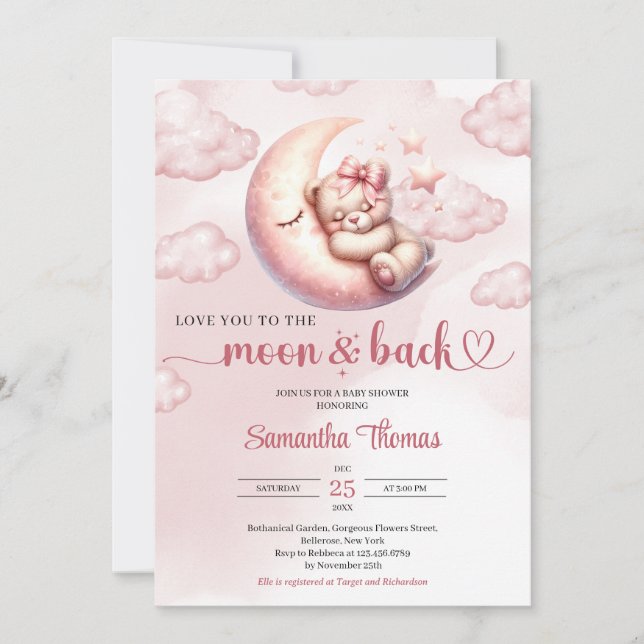 We love you to the moon and back Baby Shower      Invitation (Front)