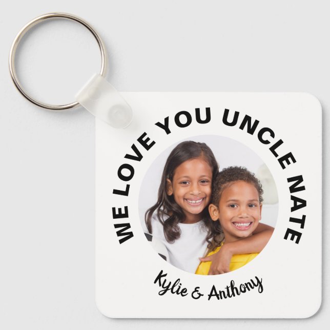 We Love You Uncle Custom Photo and Names White Keychain (Front)