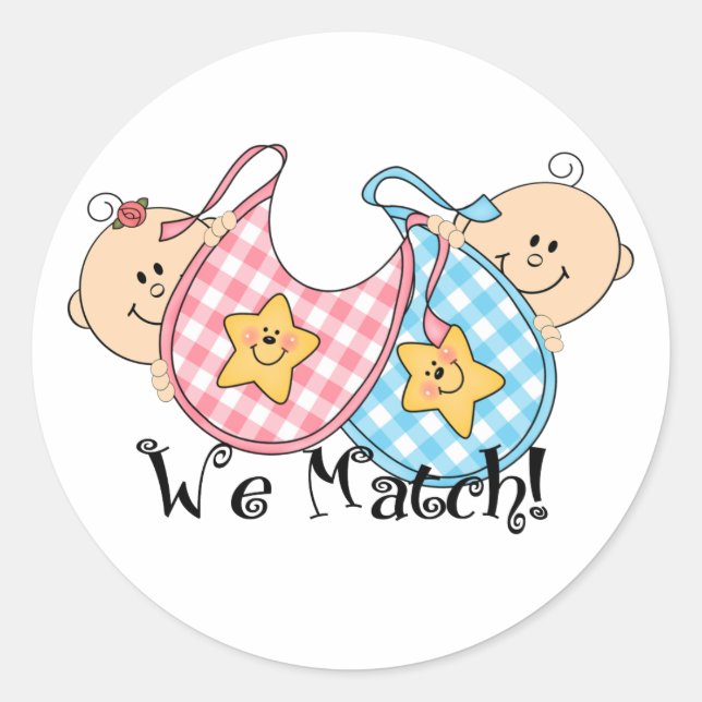 We Match Peeking Twins with Bibs 1 Girl, 1 Boy Classic Round Sticker (Front)
