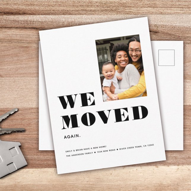WE MOVED AGAIN Simple Minimalist Photo Moving Announcement Postcard (Creator Uploaded)