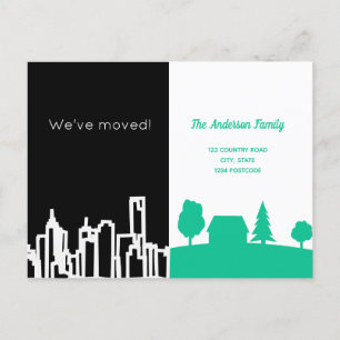 We moved black green city country announcement postcard