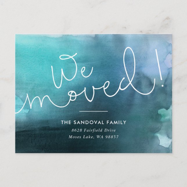 We Moved! Blue Hand-lettered New Address Announcement Postcard (Front)