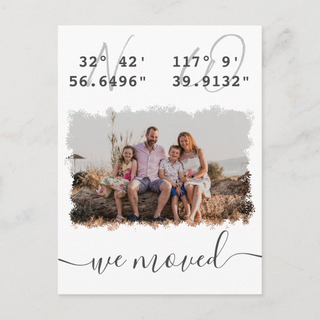 "We moved" Latitude Longitude Family Photo Moving Postcard (Front)