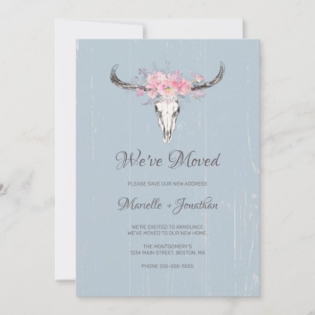 We Moved New Address Rustic Cow Skull Floral Announcement (Front)