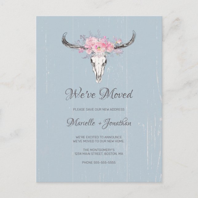 We Moved New Address Rustic Cow Skull Floral Announcement Postcard (Front)