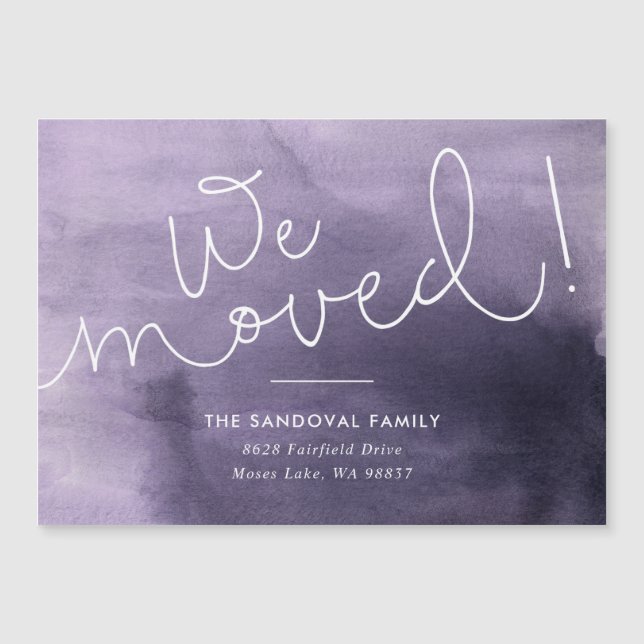 We Moved! Purple Hand-lettered New Address Magnet (Front)