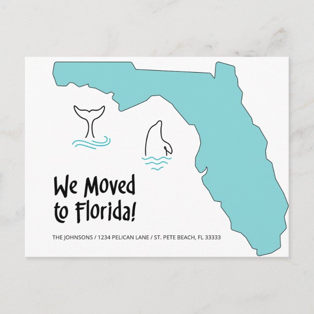 We Moved to Florida Map and Dolphins New Home Announcement Postcard (Front)