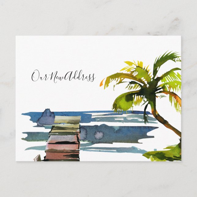 We Moved Waterfront Dock Palm Tree New Address Announcement Postcard (Front)