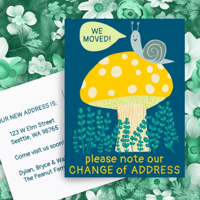 WE MOVED Whimsical Snail Magical Mushroom NEW HOME Postcard (Moving announcement address change new home postcard with cute funny snail and mushroom. Customize!)