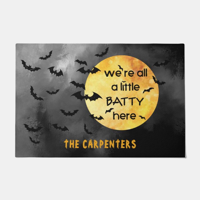 ”We’re all a little BATTY here” Personalized Doormat (Front)