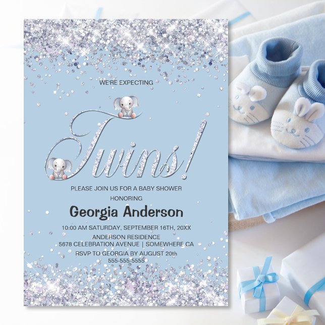 We’re Expecting Twins Blue Elephant Glitter Invitation (Creator Uploaded)