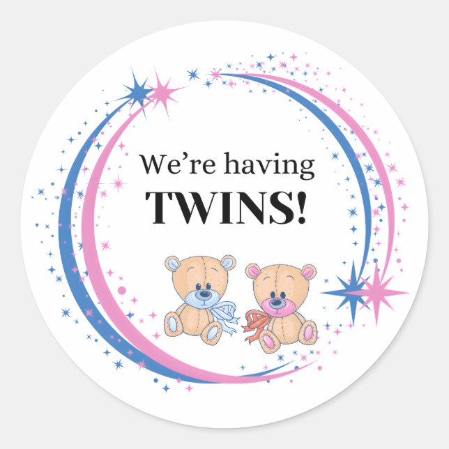 We’re Having Twins Boy and Girl Birth Announcement Classic Round Sticker (Front)