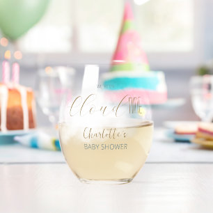 We´re on Cloud 9 Elegant Script Modern Baby Shower Stemless Wine Glass