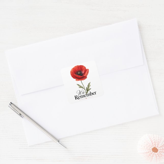We Remember – Red Poppy Memorial Day Tribute Square Sticker (Envelope)