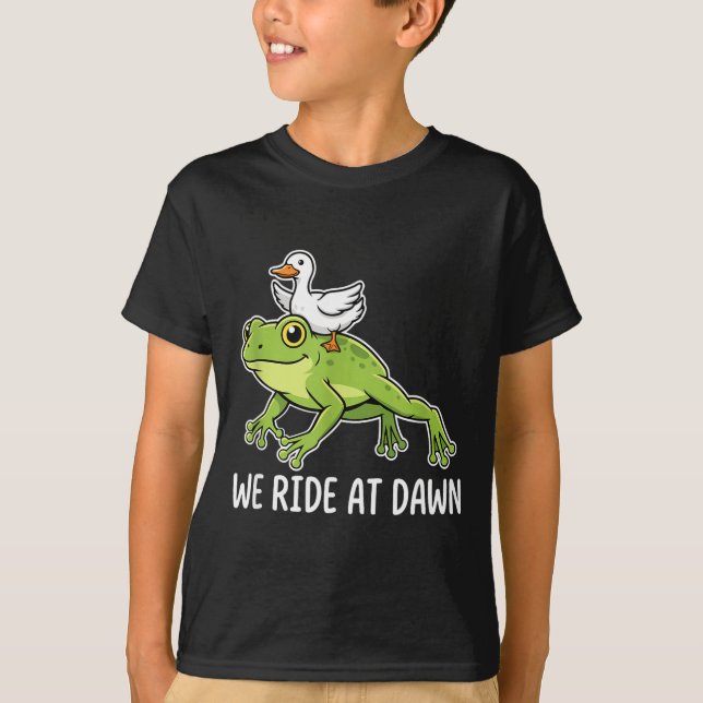 We Ride At Dawn Funny Duck Riding Frog Chaotic Ani T-Shirt (Front)