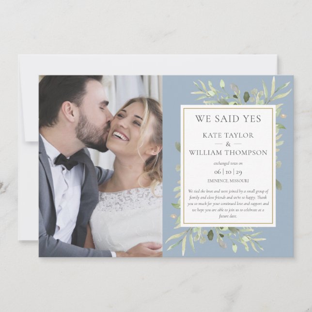 We Said Yes Dusty Blue Photo Wedding Announcement (Front)
