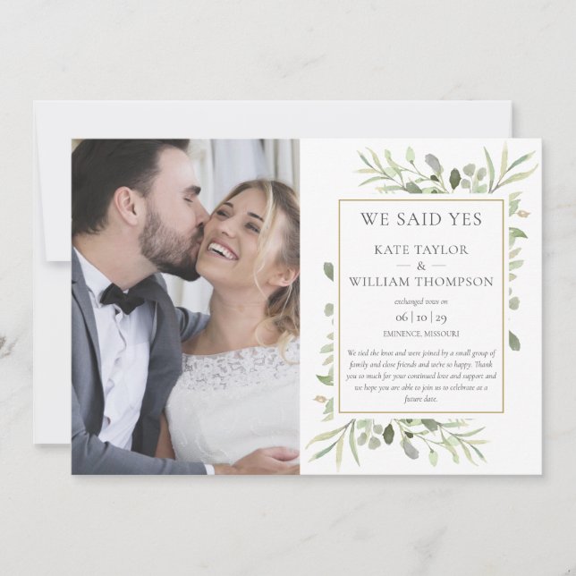 We Said Yes Greenery Photo Wedding Announcement (Front)