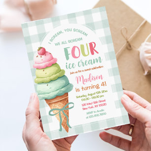 We Scream Four Ice Cream Bow 4th Birthday Invitation