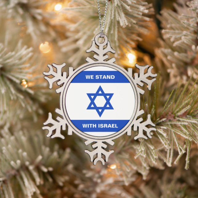 We stand with Israel custom text Israel flag Snowflake Pewter Christmas Ornament (Tree)