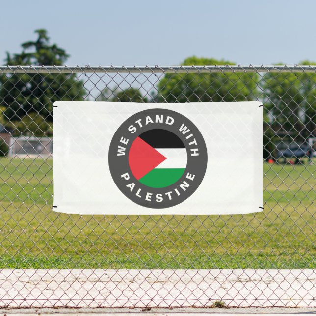 We Stand with Palestine custom text flag white Banner (Insitu)
