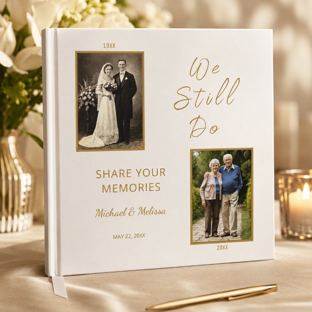 We Still Do Anniversary Memory Guest Book (Elegant ivory and gold anniversary guest book with timeless romantic photo design)