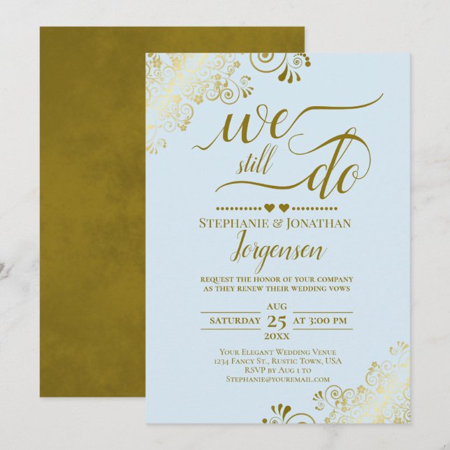 We Still Do Elegant Pale Blue & Gold Vow Renewal Invitation (Front/Back)