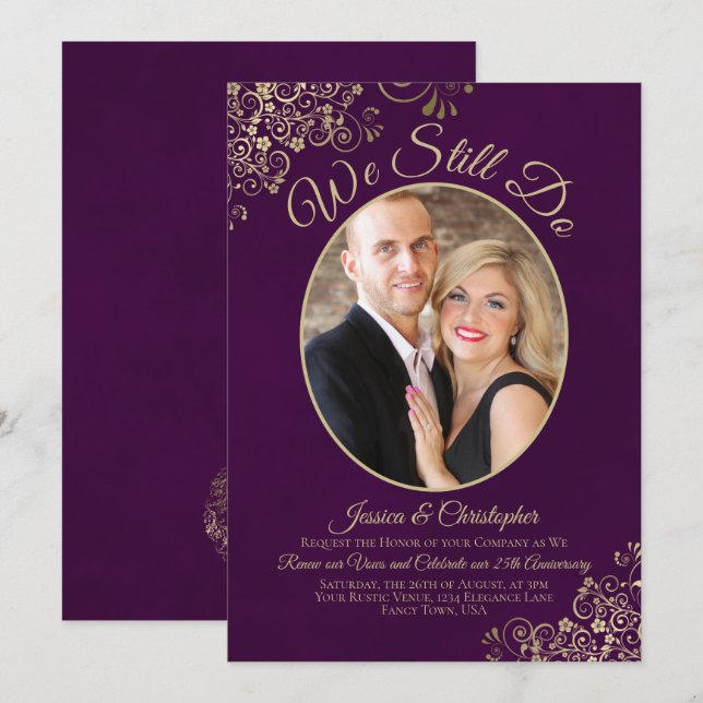 We Still Do Gold Curls on Plum Wedding Vow Renewal Invitation (Front/Back)