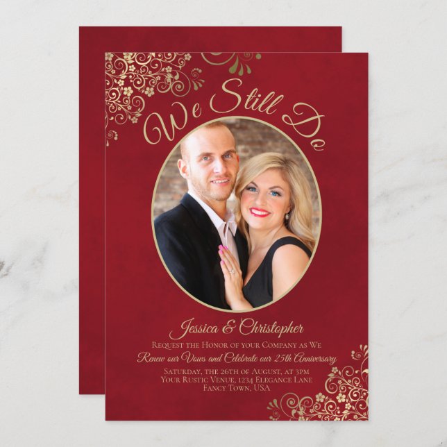 We Still Do Gold Lace on Red Wedding Vow Renewal Invitation (Front/Back)