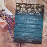 We Still Do Vow Renewal Blue Rustic String Lights Invitation<br><div class="desc">Personalize with your special vow renewal information in chic lettering on a blue rustic wood background with prety string lights and gold hearts confetti. Designed by Thisisnotme©</div>