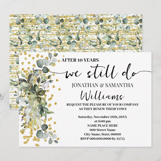 We Still Do Wedding Anniversary Eucalyptus Gold Invitation (Front/Back)