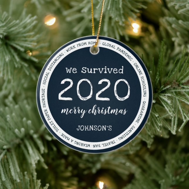 We Survived 2020 Name Navy Blue Ceramic Ornament (Tree)