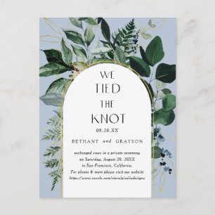 We tied the knot, Dusty Blue botanical wedding Announcement Postcard