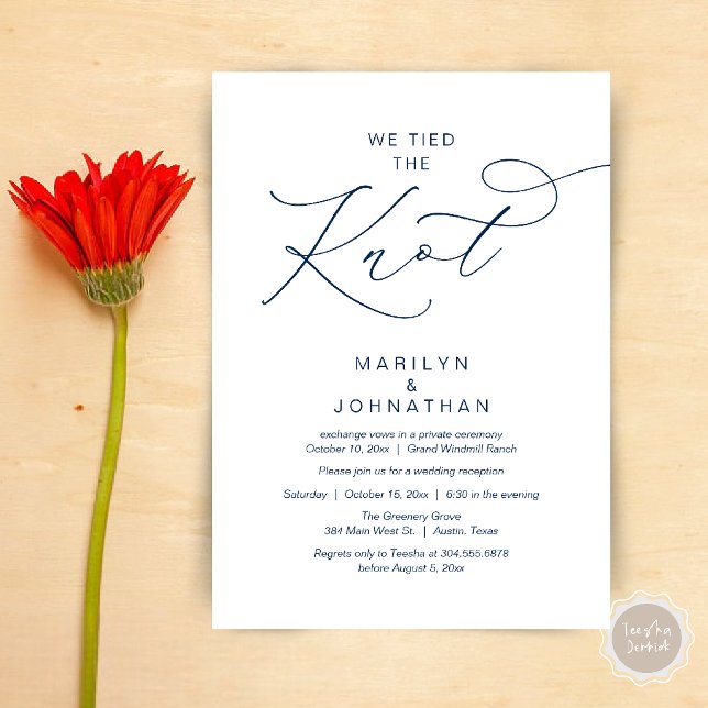 We tied the knot, Elopement Reception Dinner Invitation (We tied the knot, Romantic Wedding Elopement Reception Dinner Invitation Card in Navy Blue)