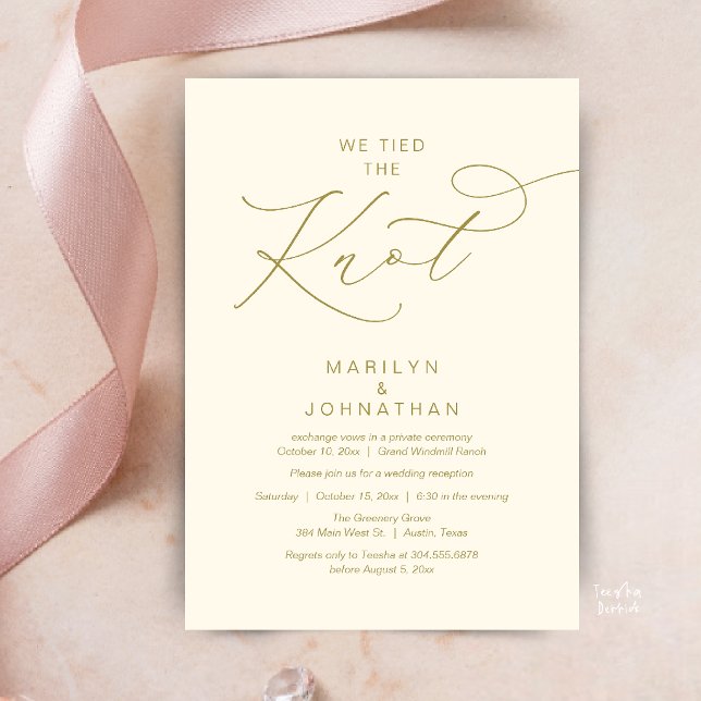 We tied the knot, Elopement Reception Dinner Invitation (We tied the knot, Romantic Wedding Elopement Reception Dinner Invitation Card in Yellow Cream Gold)