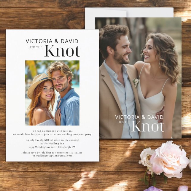 We Tied The Knot Elopement / Wedding Reception  Invitation (we tied the knot , elopment wedding reception invitation with two photo and modern typography)