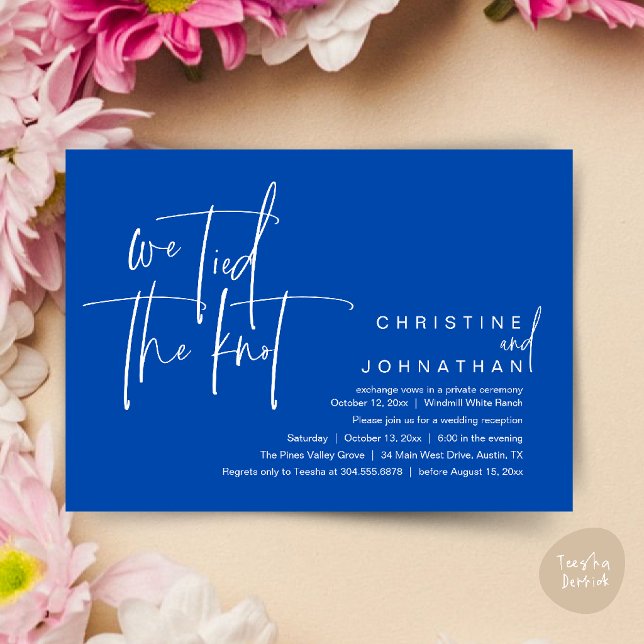 We tied the knot, Modern wedding reception Invitation (We tied the knot, Modern wedding reception dinner party Invitation card in cobalt blue)