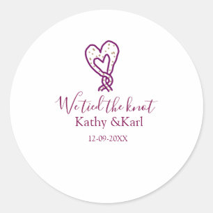 We tied the knot pink heart knots name date romant classic round sticker