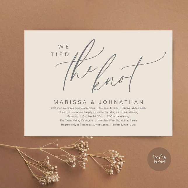 We Tied The Knot Romantic Wedding Elopement Dinner Invitation (We Tied The Knot Romantic Wedding Elopement Dinner Brunch Lunch Party Invites Card PDF Cream Grey)