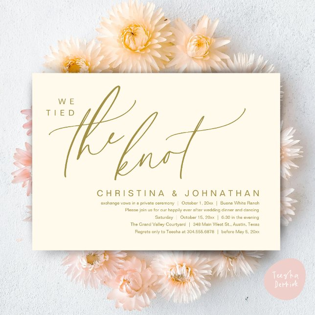 We Tied The Knot Romantic Wedding Elopement Dinner Invitation (We Tied The Knot Romantic Wedding Elopement Dinner Brunch Lunch Party Invites Card PDF Yellow Gold)