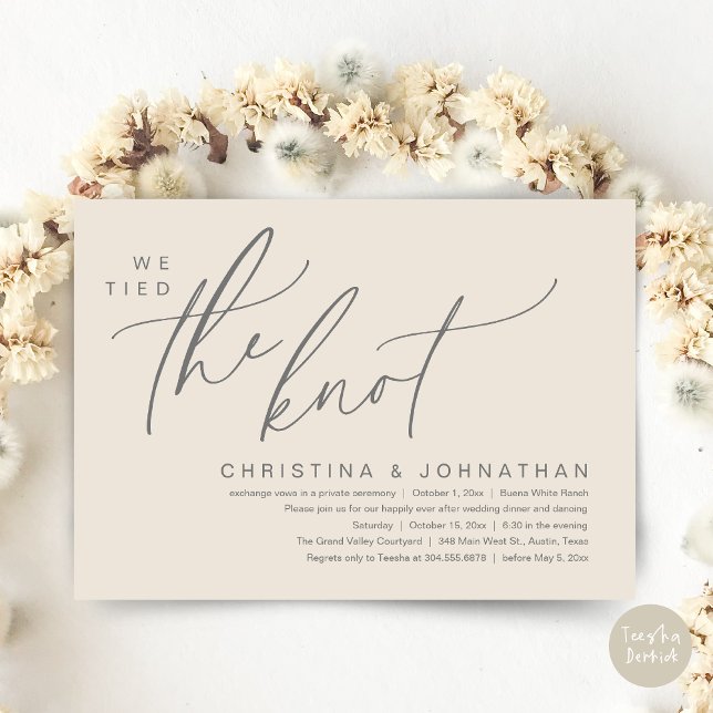 We Tied The Knot Romantic Wedding Elopement Dinner Invitation (We Tied The Knot Romantic Wedding Elopement Dinner Brunch Lunch Party Invites Card PDF Cream Grey)