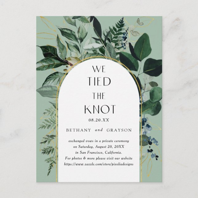 We tied the knot, Sage Green botanical Announcement Postcard (Front)