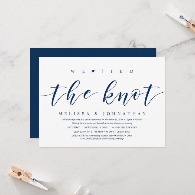 We Tied The Knot, Wedding Elopement Dinner Party Invitation (Front/Back In Situ)