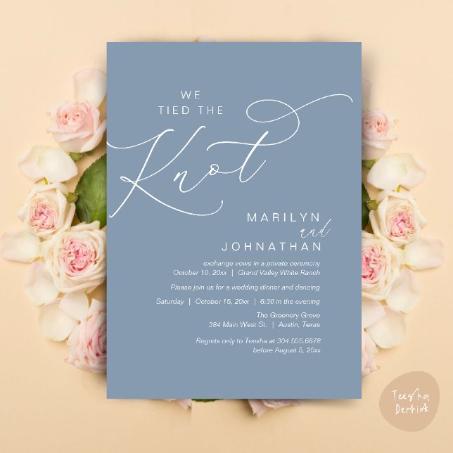 We tied the knot, Wedding Elopement Dinner Party Invitation (We tied the knot, Wedding Elopement Dinner Romantic Modern Party Invitation Card PDF Dusty Blue)