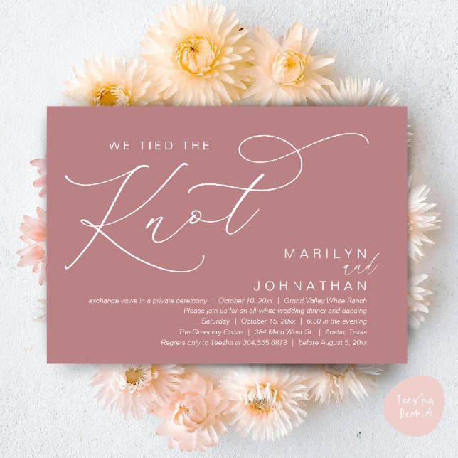We Tied The Knot, Wedding Elopement Dinner Party Invitation (We tied the knot, Wedding Elopement Dinner Romantic Modern Party Invitation Card PDF Dusty Rose Pink)