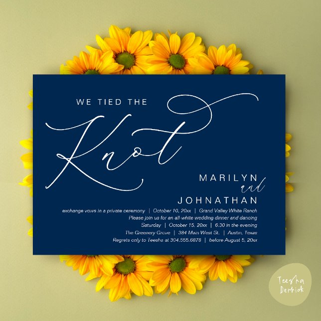 We Tied The Knot, Wedding Elopement Dinner Party Invitation (We tied the knot, Wedding Elopement Dinner Romantic Modern Party Invitation Card PDF Navy Blue)
