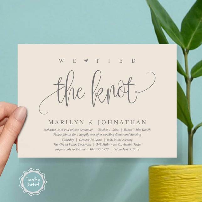 We Tied The Knot, Wedding Elopement Dinner Party Invitation (We Tied The Knot, Modern Wedding Elopement Dinner Party Invitation Card PDF Classy Cream Grey)