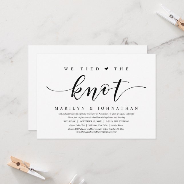 We Tied The Knot, Wedding Elopement Dinner Party Invitation (Front/Back In Situ)
