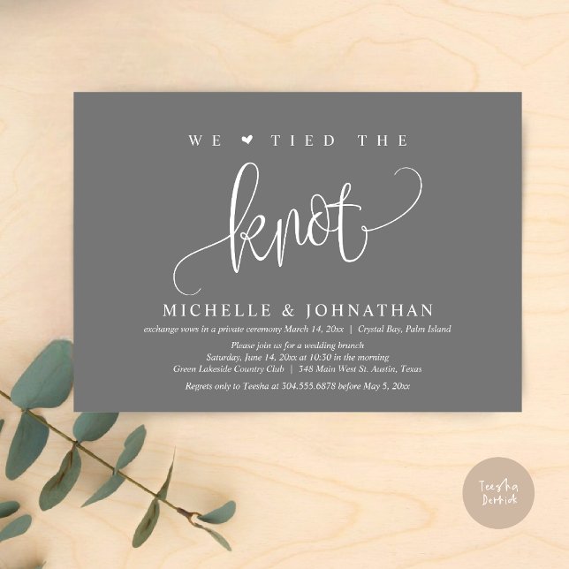 We Tied The Knot, Wedding Elopement Party  Invitat Invitation (We tied the knot, modern wedding elopement dinner party invitation card, PDF, in Dark Grey)
